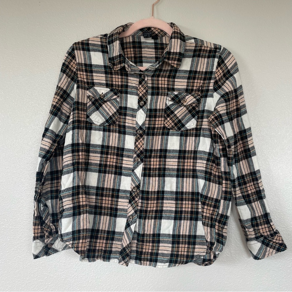 Volcom Getting Rad Plaid Flannel‎ Shirt Girls XL 14/16 Brown Gold Button Down